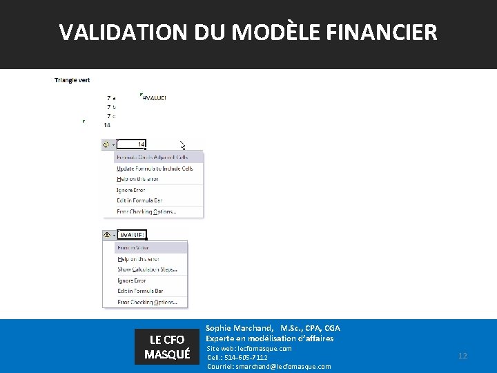 VALIDATION DU MODÈLE FINANCIER LE CFO MASQUÉ Sophie Marchand, M. Sc. , CPA, CGA