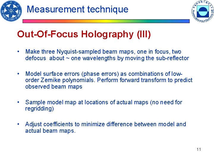Measurement technique Out-Of-Focus Holography (III) • Make three Nyquist-sampled beam maps, one in focus, Measurement technique Out-Of-Focus Holography (III) • Make three Nyquist-sampled beam maps, one in focus,