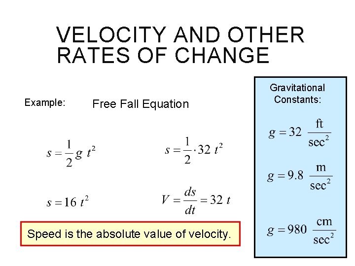 VELOCITY AND OTHER RATES OF CHANGE Example: Free Fall Equation Speed is the absolute