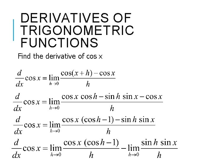 DERIVATIVES OF TRIGONOMETRIC FUNCTIONS Find the derivative of cos x 