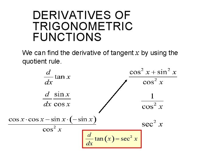 DERIVATIVES OF TRIGONOMETRIC FUNCTIONS We can find the derivative of tangent x by using