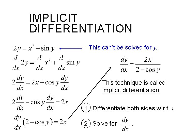 IMPLICIT DIFFERENTIATION This can’t be solved for y. This technique is called implicit differentiation.