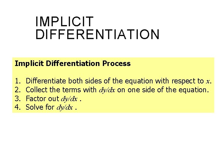 IMPLICIT DIFFERENTIATION Implicit Differentiation Process 1. 2. 3. 4. Differentiate both sides of the
