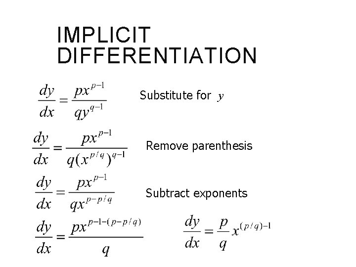 IMPLICIT DIFFERENTIATION Substitute for y Remove parenthesis Subtract exponents 