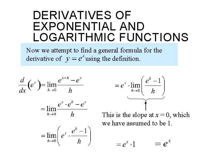 DERIVATIVES OF EXPONENTIAL AND LOGARITHMIC FUNCTIONS Now we attempt to find a general formula