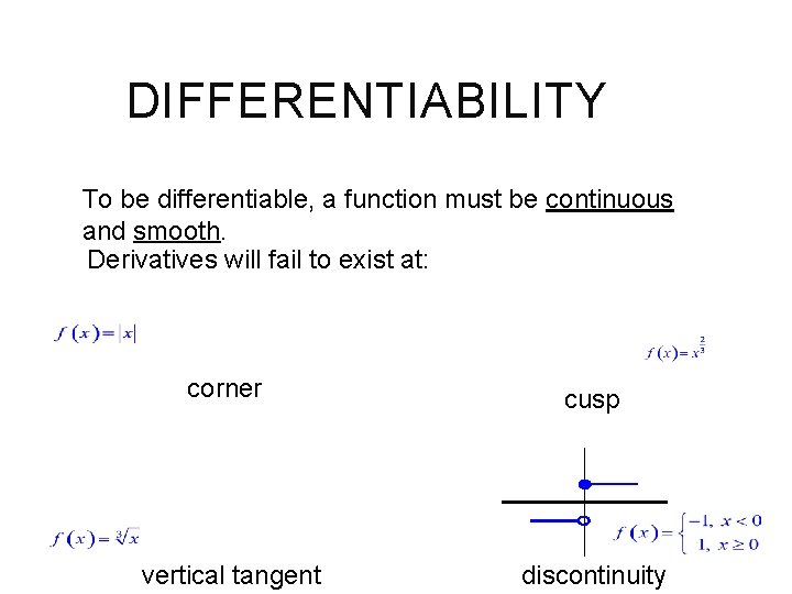DIFFERENTIABILITY To be differentiable, a function must be continuous and smooth. Derivatives will fail