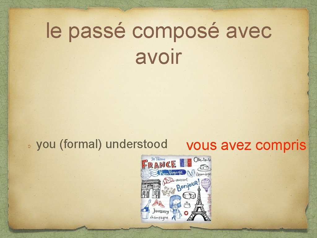 le passé composé avec avoir you (formal) understood vous avez compris 