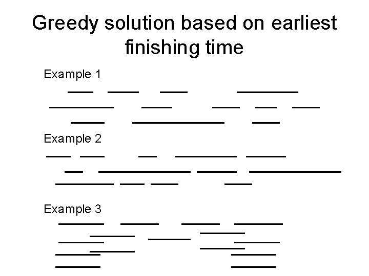 Greedy solution based on earliest finishing time Example 1 Example 2 Example 3 