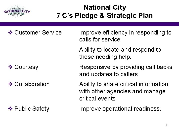 National City 7 C’s Pledge & Strategic Plan v Customer Service Improve efficiency in