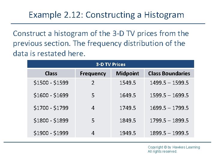Example 2. 12: Constructing a Histogram Construct a histogram of the 3 -D TV Example 2. 12: Constructing a Histogram Construct a histogram of the 3 -D TV