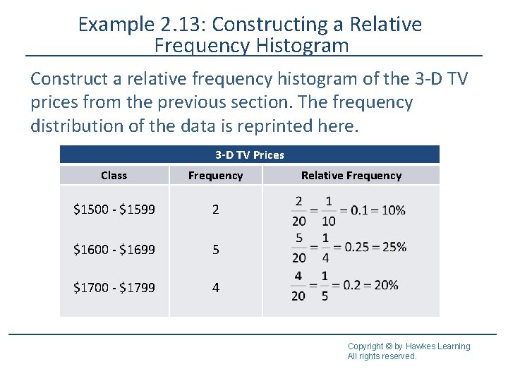 Example 2. 13: Constructing a Relative Frequency Histogram Construct a relative frequency histogram of Example 2. 13: Constructing a Relative Frequency Histogram Construct a relative frequency histogram of