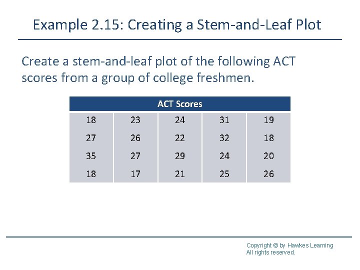 Example 2. 15: Creating a Stem-and-Leaf Plot Create a stem-and-leaf plot of the following Example 2. 15: Creating a Stem-and-Leaf Plot Create a stem-and-leaf plot of the following