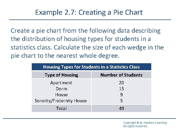 Example 2. 7: Creating a Pie Chart Create a pie chart from the following Example 2. 7: Creating a Pie Chart Create a pie chart from the following