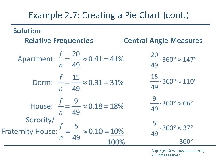 Example 2. 7: Creating a Pie Chart (cont. ) Solution Relative Frequencies Central Angle Example 2. 7: Creating a Pie Chart (cont. ) Solution Relative Frequencies Central Angle