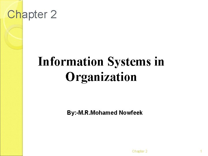 Chapter 2 Information Systems in Organization By: -M. R. Mohamed Nowfeek Chapter 2 1