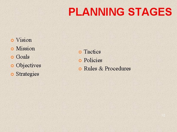 PLANNING STAGES Vision Mission Goals Objectives Strategies Tactics Policies Rules & Procedures 15 