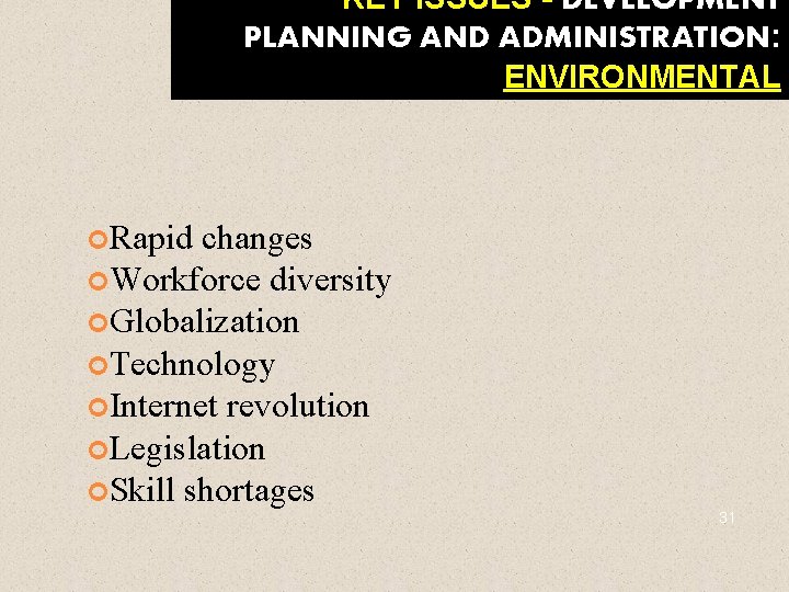 KEY ISSUES - DEVELOPMENT PLANNING AND ADMINISTRATION: ENVIRONMENTAL Rapid changes Workforce diversity Globalization Technology