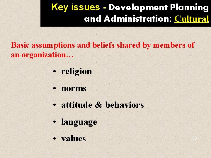 Key issues - Development Planning and Administration: Cultural Basic assumptions and beliefs shared by