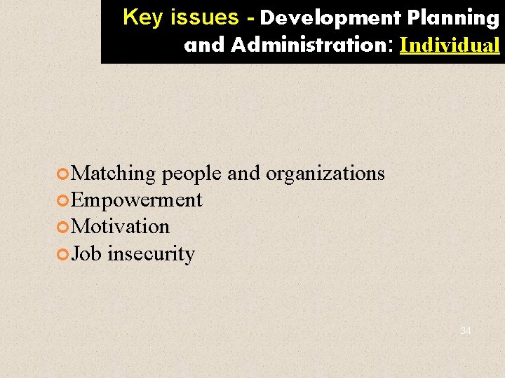 Key issues - Development Planning and Administration: Individual Matching people and organizations Empowerment Motivation