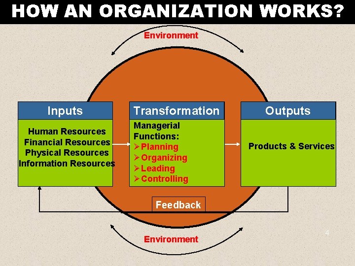 HOW AN ORGANIZATION WORKS? Environment Inputs Human Resources Financial Resources Physical Resources Information Resources