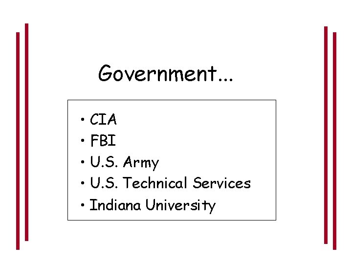Government. . . • CIA • FBI • U. S. Army • U. S.