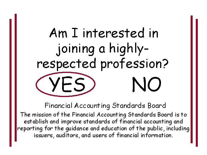 Am I interested in joining a highlyrespected profession? YES NO Financial Accounting Standards Board