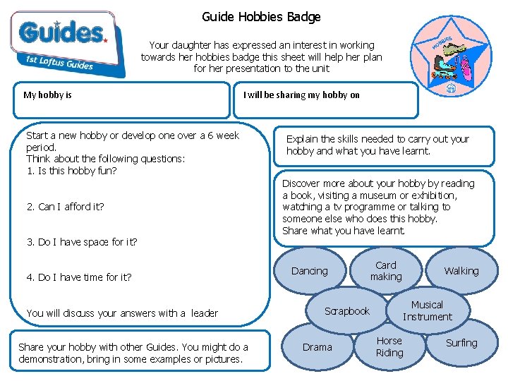 My Hobby Guide Example Guide Hobbies Badge Your daughter has expressed an