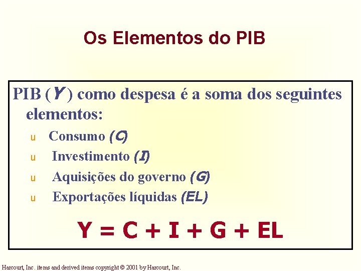 Os Elementos do PIB (Y ) como despesa é a soma dos seguintes elementos: