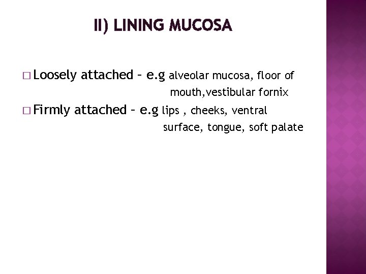 II) LINING MUCOSA � Loosely attached – e. g alveolar mucosa, floor of mouth,