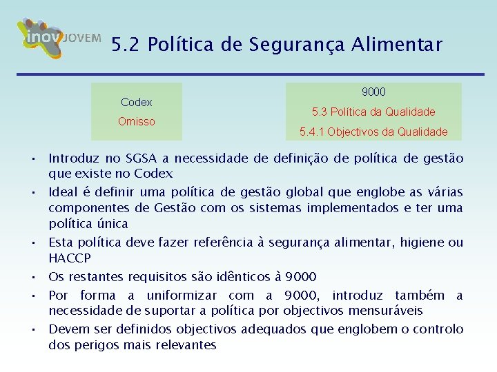 5. 2 Política de Segurança Alimentar Codex Omisso 9000 5. 3 Política da Qualidade 5. 2 Política de Segurança Alimentar Codex Omisso 9000 5. 3 Política da Qualidade