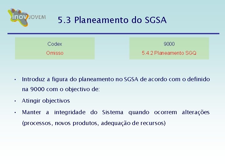 5. 3 Planeamento do SGSA Codex 9000 Omisso 5. 4. 2 Planeamento SGQ • 5. 3 Planeamento do SGSA Codex 9000 Omisso 5. 4. 2 Planeamento SGQ •