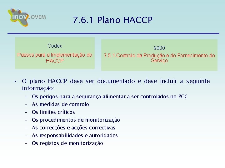 7. 6. 1 Plano HACCP Codex 9000 Passos para a Implementação do HACCP 7. 7. 6. 1 Plano HACCP Codex 9000 Passos para a Implementação do HACCP 7.