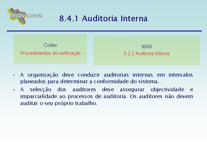 8. 4. 1 Auditoria Interna Codex 9000 Procedimentos de verificação 8. 2. 2 Auditoria 8. 4. 1 Auditoria Interna Codex 9000 Procedimentos de verificação 8. 2. 2 Auditoria