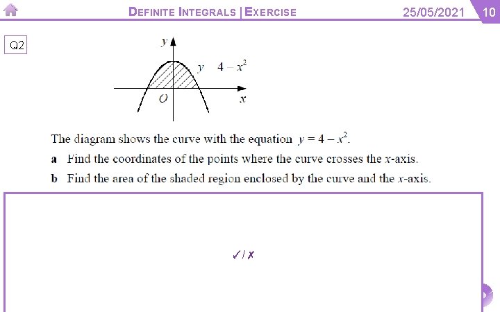 DEFINITE INTEGRALS | EXERCISE Q 2 ✓/✗ 25/05/2021 10 