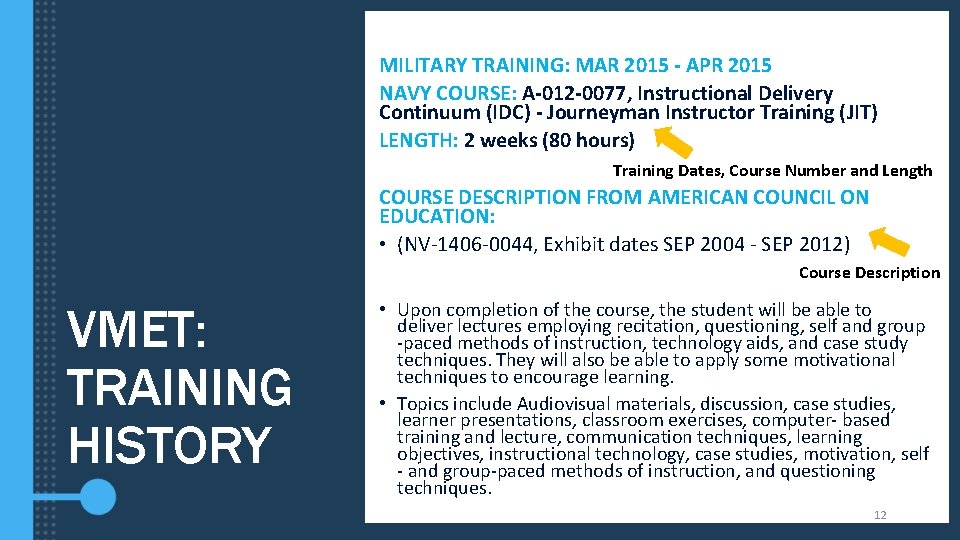 MILITARY TRAINING: MAR 2015 - APR 2015 NAVY COURSE: A-012 -0077, Instructional Delivery Continuum