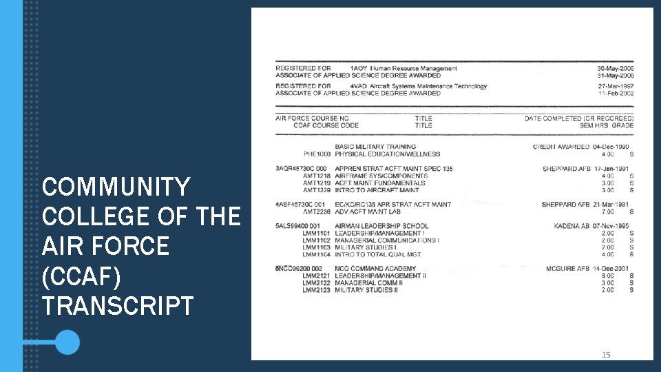 COMMUNITY COLLEGE OF THE AIR FORCE (CCAF) TRANSCRIPT 15 