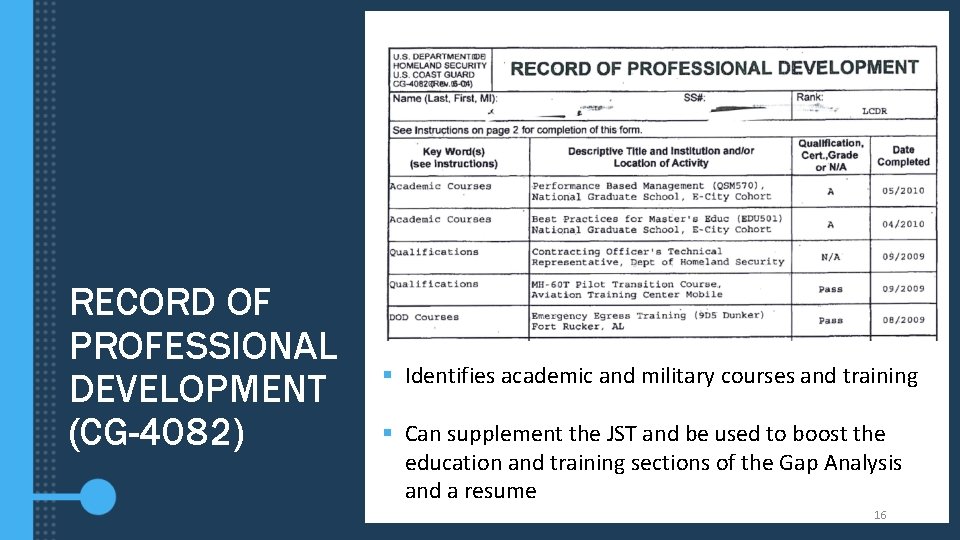 RECORD OF PROFESSIONAL DEVELOPMENT (CG-4082) § Identifies academic and military courses and training §
