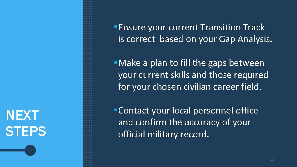 §Ensure your current Transition Track is correct based on your Gap Analysis. §Make a