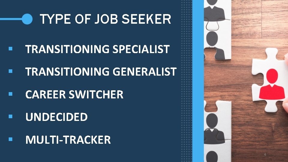 TYPE OF JOB SEEKER § TRANSITIONING SPECIALIST § TRANSITIONING GENERALIST § CAREER SWITCHER §