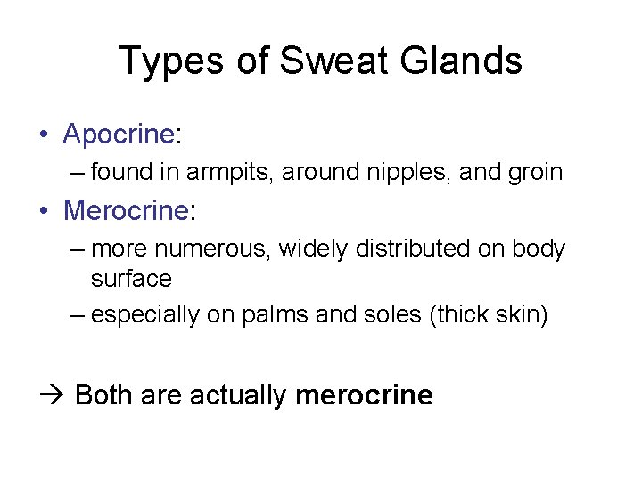 Types of Sweat Glands • Apocrine: – found in armpits, around nipples, and groin