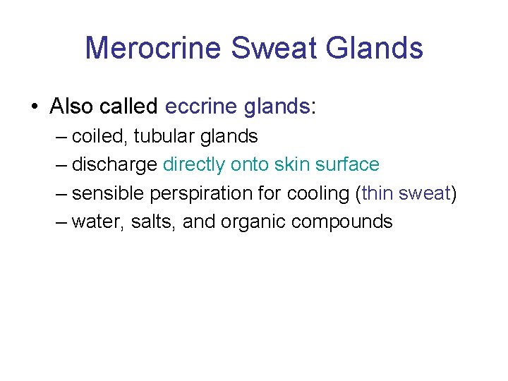 Merocrine Sweat Glands • Also called eccrine glands: – coiled, tubular glands – discharge