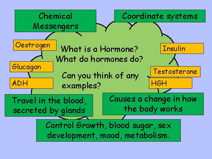 Chemical Messengers Oestrogen Glucagon ADH Coordinate systems What is a Hormone? What do hormones