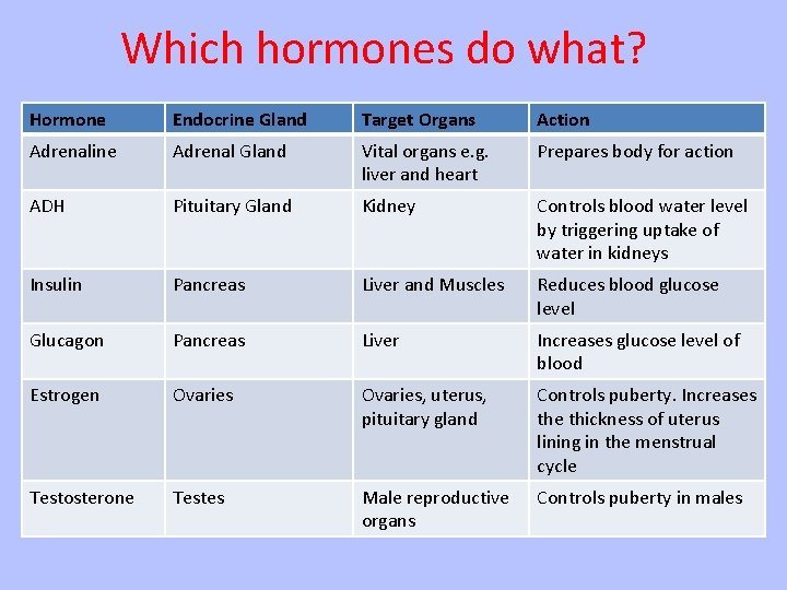 Which hormones do what? Hormone Endocrine Gland Target Organs Action Adrenaline Adrenal Gland Vital