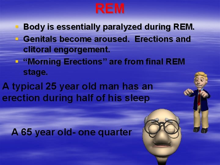 REM § Body is essentially paralyzed during REM. § Genitals become aroused. Erections and