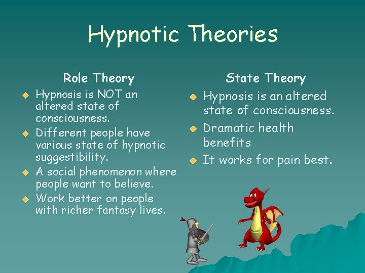 Hypnotic Theories Role Theory u u Hypnosis is NOT an altered state of consciousness.