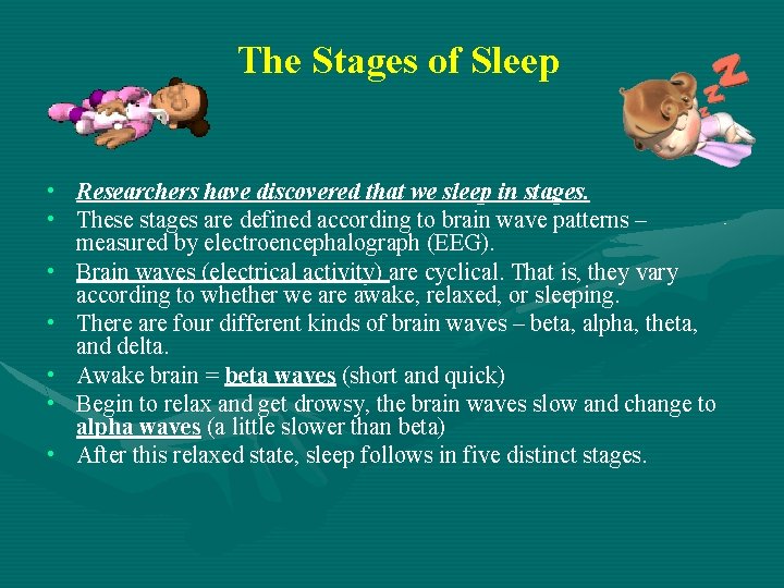 The Stages of Sleep • Researchers have discovered that we sleep in stages. •