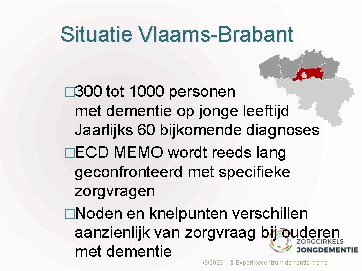 Situatie Vlaams-Brabant � 300 tot 1000 personen met dementie op jonge leeftijd Jaarlijks 60