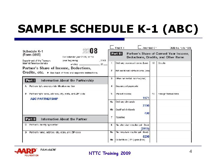 SAMPLE SCHEDULE K-1 (ABC) NTTC Training 2009 4 