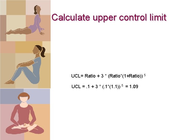 Calculate upper control limit UCL= Ratio + 3 * (Ratio*(1+Ratio)). 5 UCL =. 1