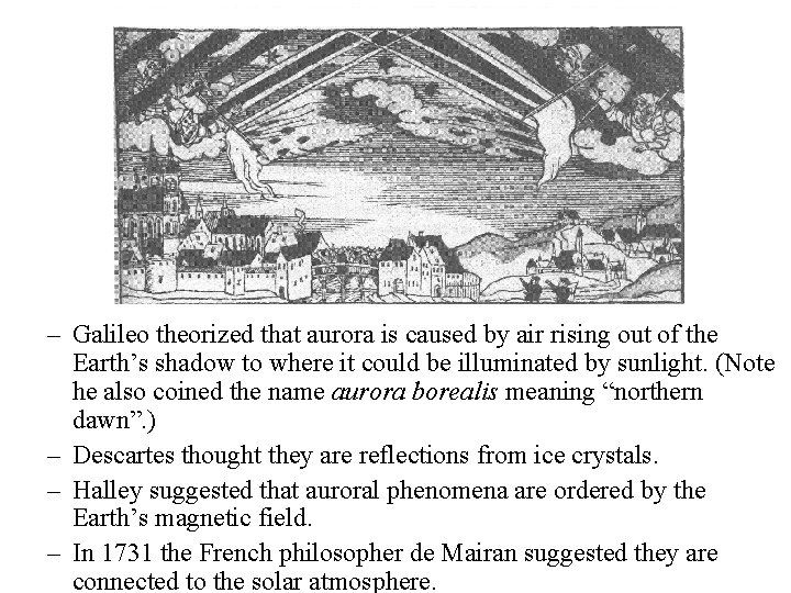 – Galileo theorized that aurora is caused by air rising out of the Earth’s